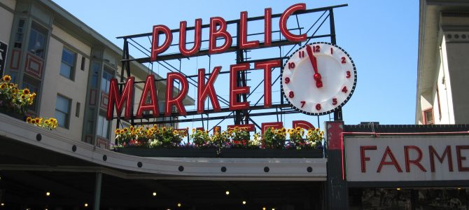 [西雅图市中心]派克市场(Pike Place Market)、口香糖墙(Gum Wall)、星巴克1号店(1st Starbucks Store)、西雅图朝天轮(Seattle Great Wheel)和西雅图艺术博物馆(SAM, Seattle Art Museum)